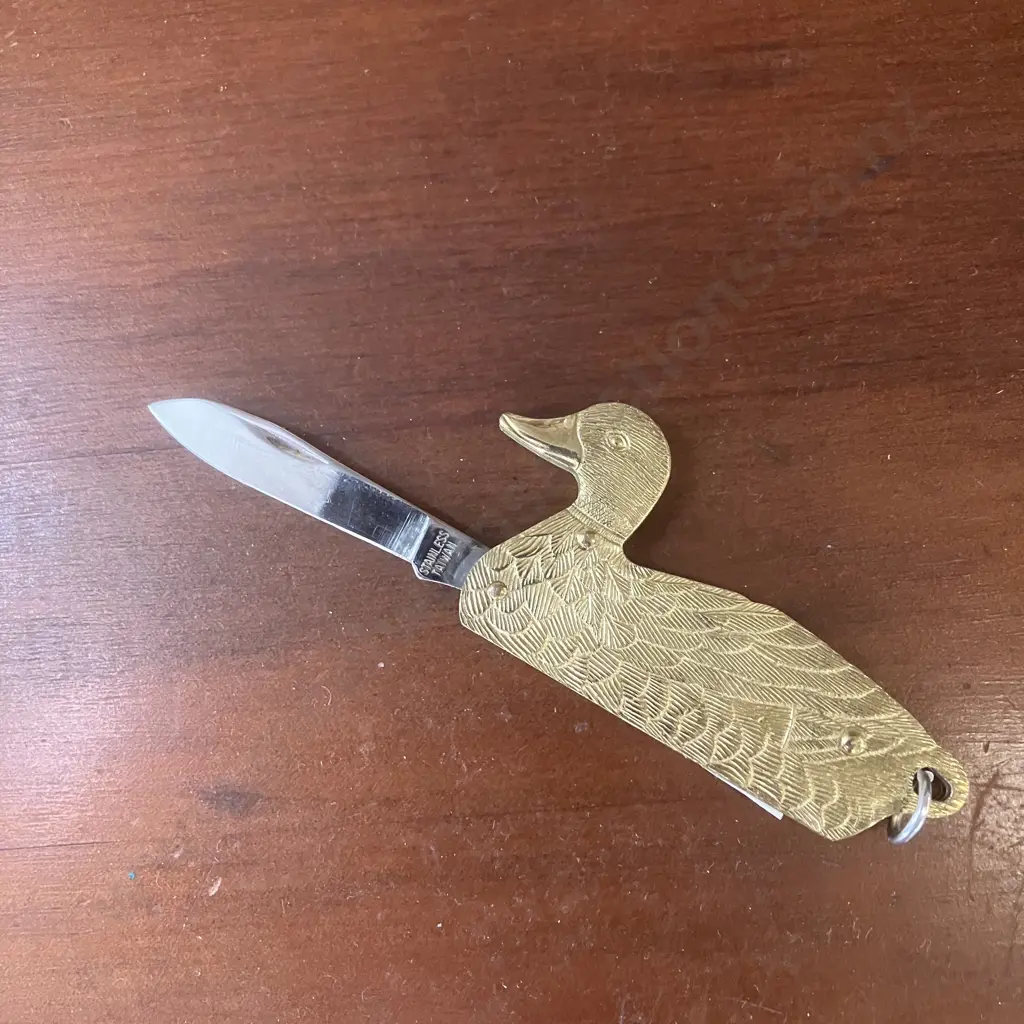 Vintage Brass Duck Pocket Knife Keychain Stainless Steel Taiwan Avon Image 1++