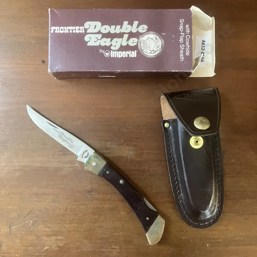 Vintage Imperial Frontier Double Eagle 4515-U Lock Blade Knife With Cowhide Snap-Flap Sheath - Original Box Image 1++