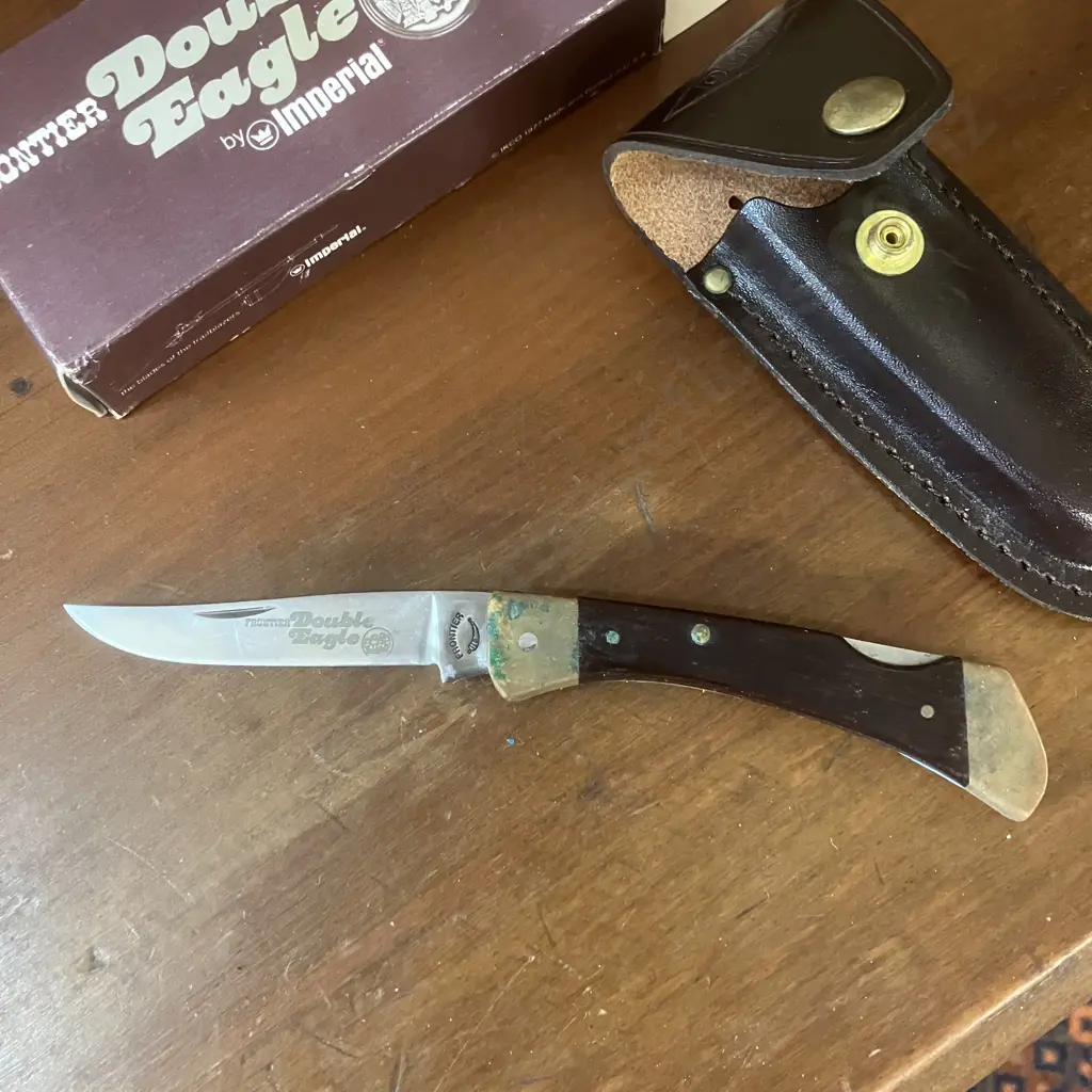Vintage Imperial Frontier Double Eagle 4515-U Lock Blade Knife With Cowhide Snap-Flap Sheath - Original Box Image 1++