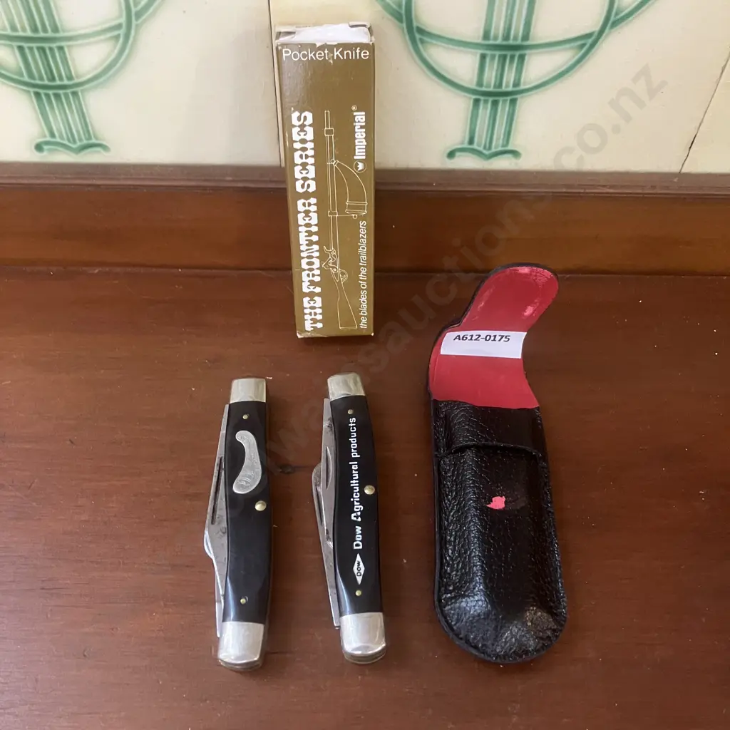 Vintage 1970s Frontier (Imperial) USA 4434 3 Blade Stockman Knives x 3 - Original Box x 1 & Leather Look Sheath x 1 Image 1++