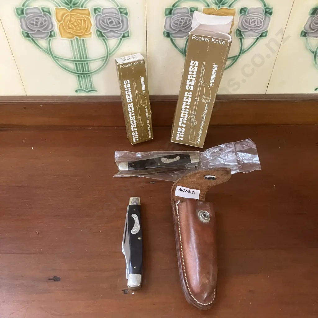 Vintage 1970s Frontier (Imperial) USA 4434 3 Blade Stockman Knives x 3 - Original Boxes x 2 & Leather Snap Back Sheath Image 1++