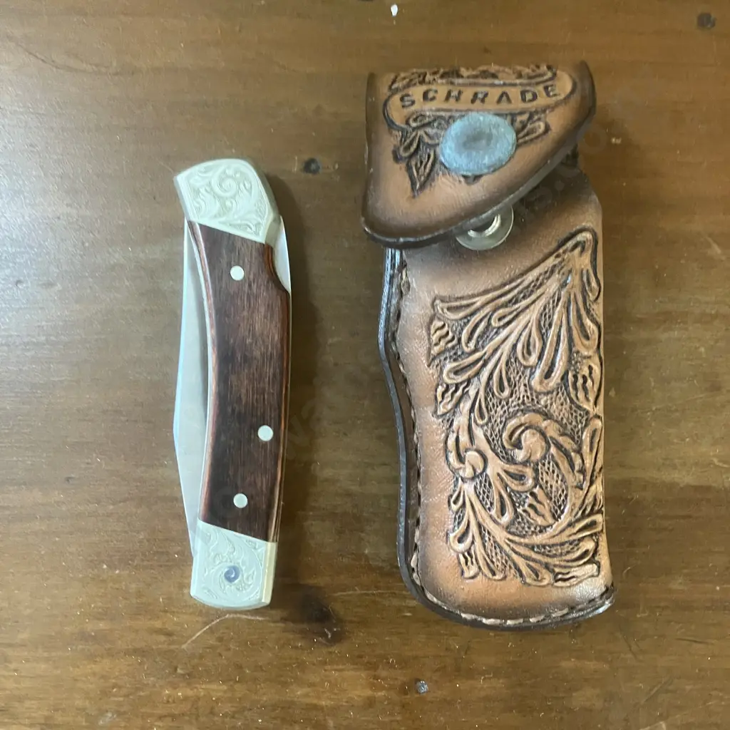 Schrade USA SCM5 Custom Etched Lockback With Tooled Schrade Sheath – 1980s Image 1++