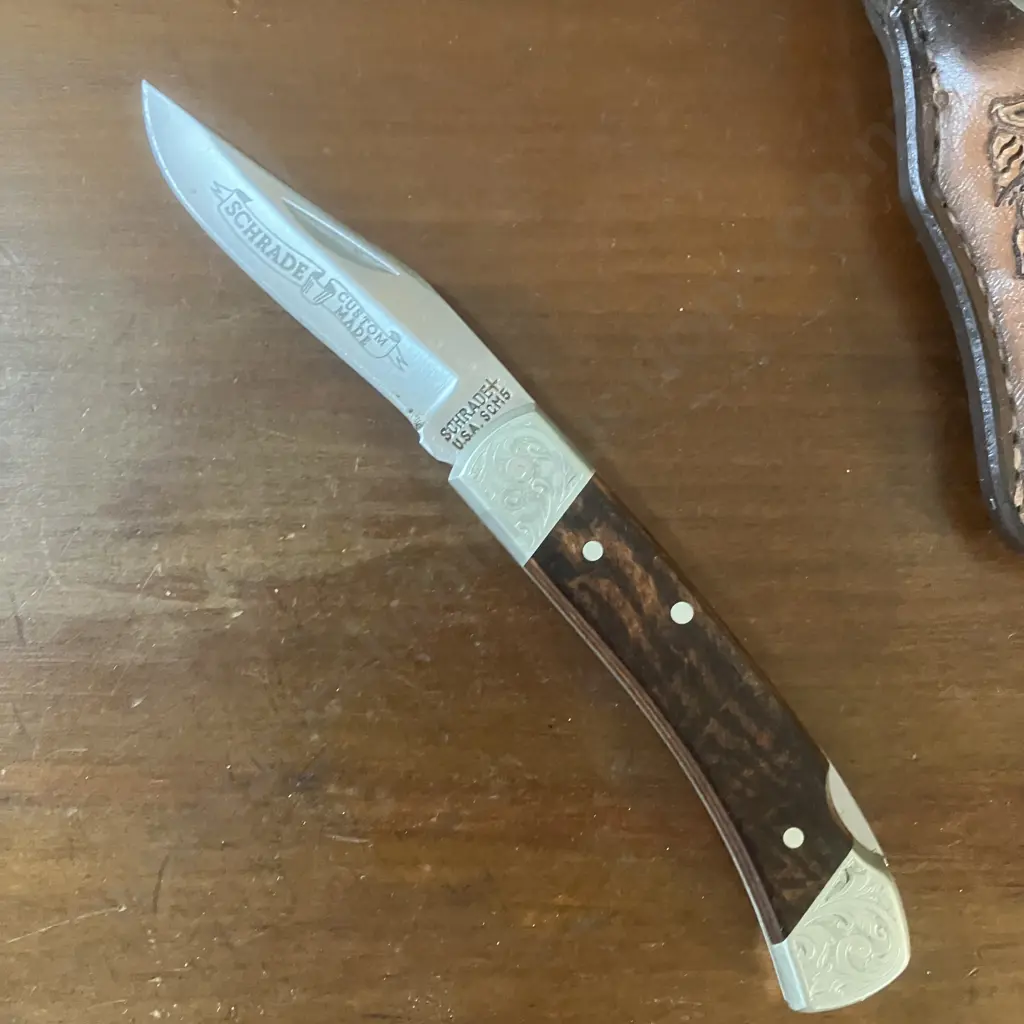 Schrade USA SCM5 Custom Etched Lockback With Tooled Schrade Sheath – 1980s Image 1++