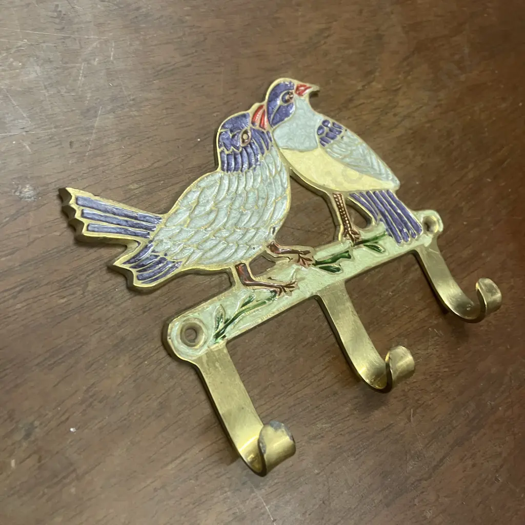 Vintage Brass & Enamel  Birds Three Hook Rack, Wall Mount. 11.5 x 13.5cm Image 1++