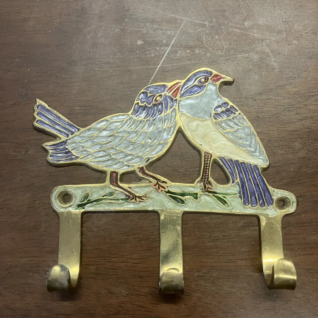 Vintage Brass & Enamel  Birds Three Hook Rack, Wall Mount. 11.5 x 13.5cm Image 1++