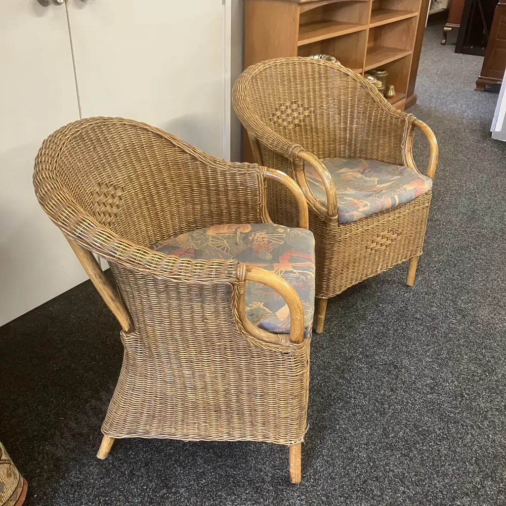 Pair of Rattan Armchairs With Patterned Cushions Image 1++