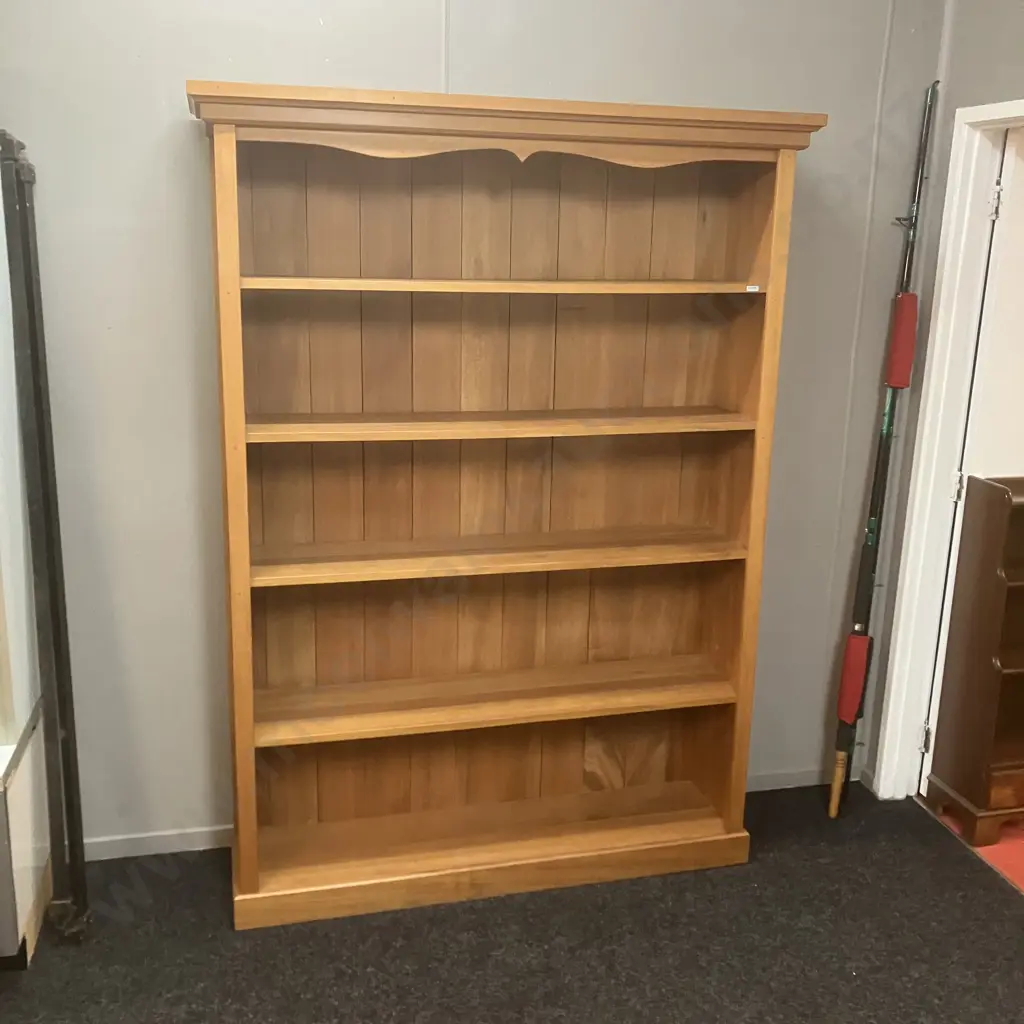 Kauri 2.0m Bookcase - Ex Woodsmen Country Furniture, 4 Fixed Shelves, Slat Back. H200 W145 D37 Image 1++