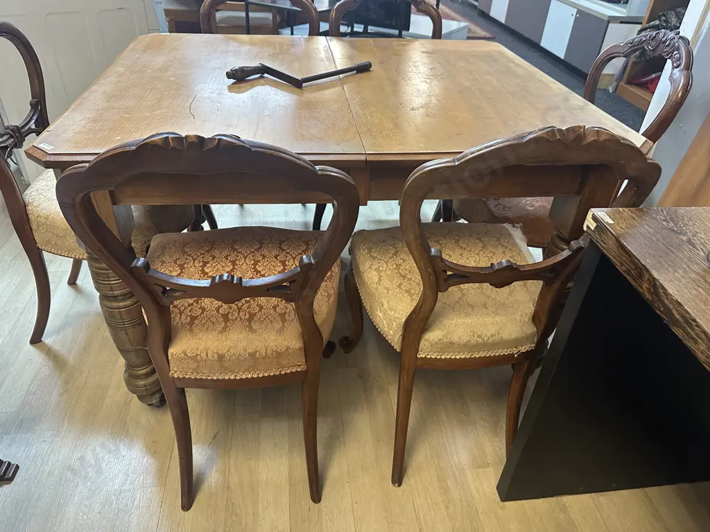 Crank Extension Dining Table With Extra Leaf & Set of 6 Victorian Antique Ballon Back Side Chairs Image 1++