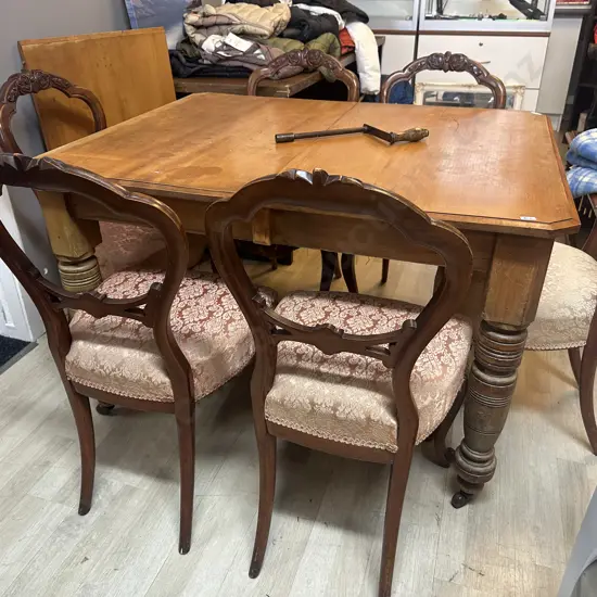 Crank Extension Dining Table With Extra Leaf & Set of 6 Victorian Antique Ballon Back Side Chairs