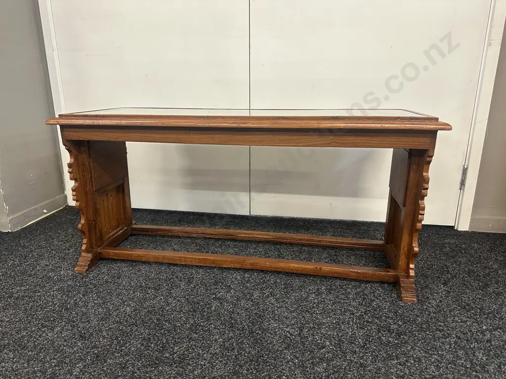 Wooden Console/Coffee Table With Lattice Detail & Glass Top H49,W102,D39cm. Image 1++