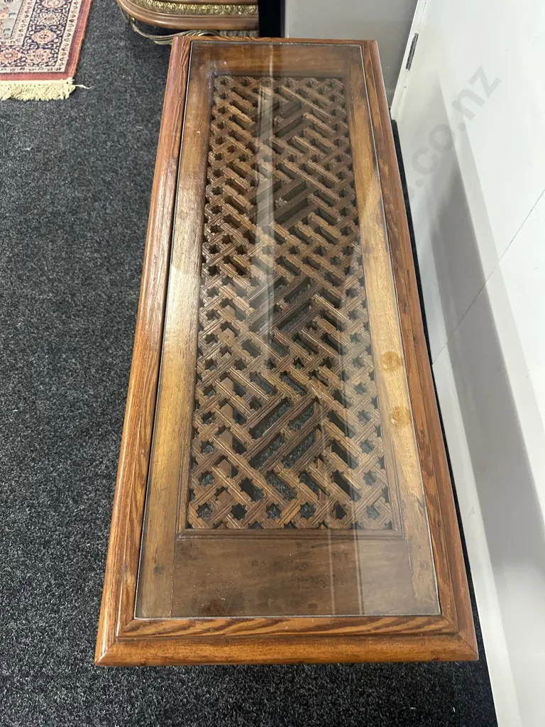 Wooden Console/Coffee Table With Lattice Detail & Glass Top H49,W102,D39cm. Image 1++