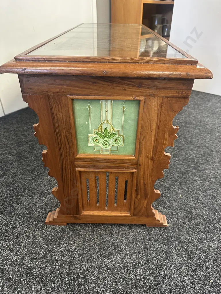 Wooden Console/Coffee Table With Lattice Detail & Glass Top H49,W102,D39cm. Image 1++