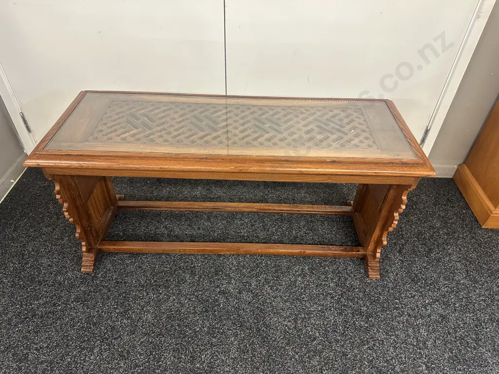 Wooden Console/Coffee Table With Lattice Detail & Glass Top H49,W102,D39cm. Image 1++