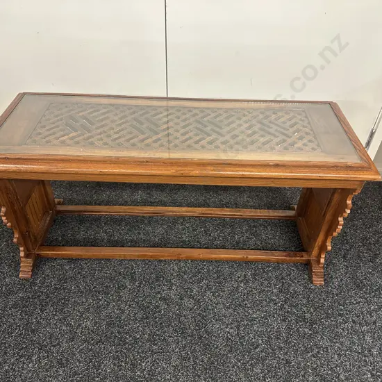 Wooden Console/Coffee Table With Lattice Detail & Glass Top H49,W102,D39cm.