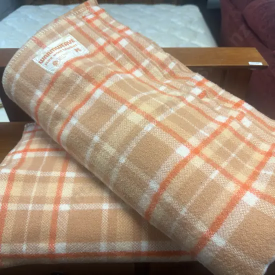 Pair Of Vintage Double Warm Weave Woollen Blankets Orange Tones Vintage Condition