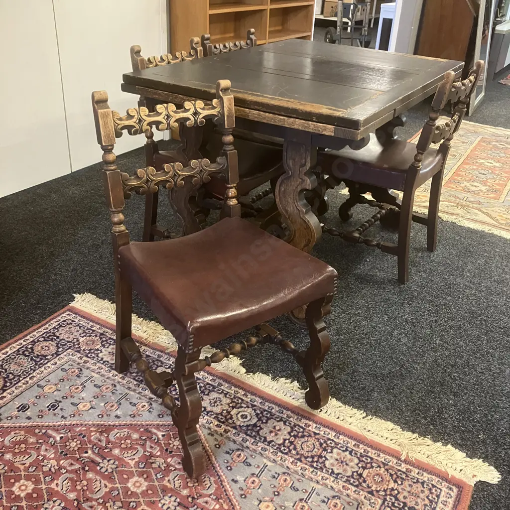 Spanish Antique Oak Draw Leaf Table With 4 Ornate Carved Back / Brown Leather Seat Dining Chairs. H77 W121/181 D83.5cm Image 1++