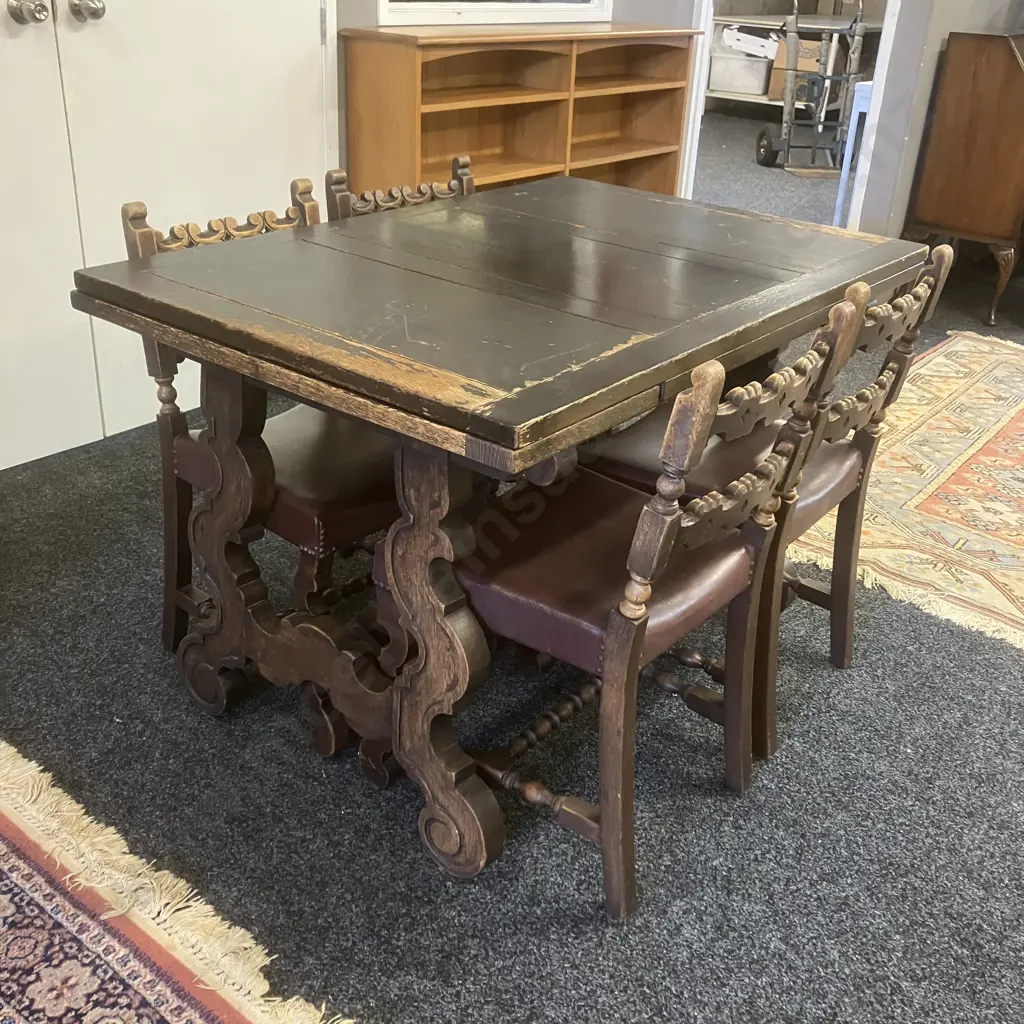 Spanish Antique Oak Draw Leaf Table With 4 Ornate Carved Back / Brown Leather Seat Dining Chairs. H77 W121/181 D83.5cm Image 1++