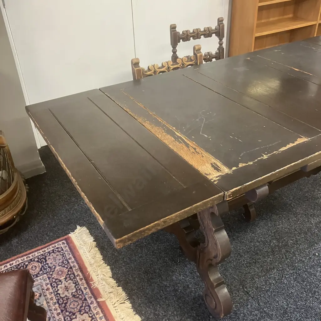 Spanish Antique Oak Draw Leaf Table With 4 Ornate Carved Back / Brown Leather Seat Dining Chairs. H77 W121/181 D83.5cm Image 1++