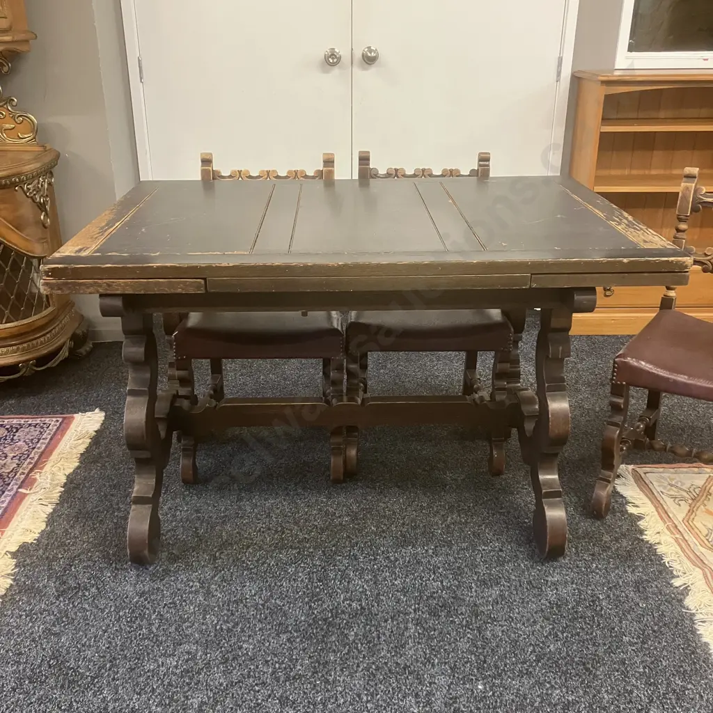 Spanish Antique Oak Draw Leaf Table With 4 Ornate Carved Back / Brown Leather Seat Dining Chairs. H77 W121/181 D83.5cm Image 1++