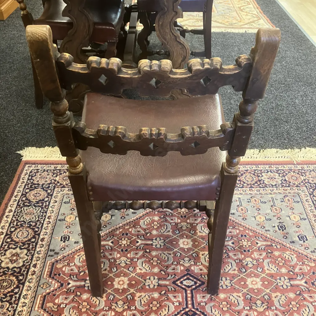Spanish Antique Oak Draw Leaf Table With 4 Ornate Carved Back / Brown Leather Seat Dining Chairs. H77 W121/181 D83.5cm Image 1++