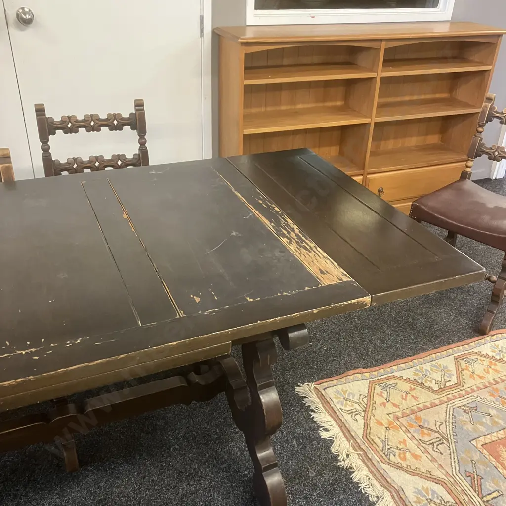 Spanish Antique Oak Draw Leaf Table With 4 Ornate Carved Back / Brown Leather Seat Dining Chairs. H77 W121/181 D83.5cm Image 1++