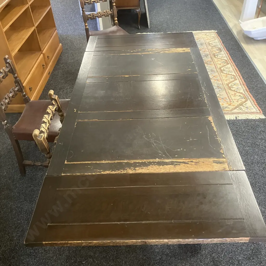 Spanish Antique Oak Draw Leaf Table With 4 Ornate Carved Back / Brown Leather Seat Dining Chairs. H77 W121/181 D83.5cm Image 1++