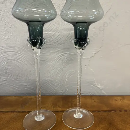 Pair Of Vintage Glass Candle Holders Grey Colour With Decorative Knot Like Feature H32cm.