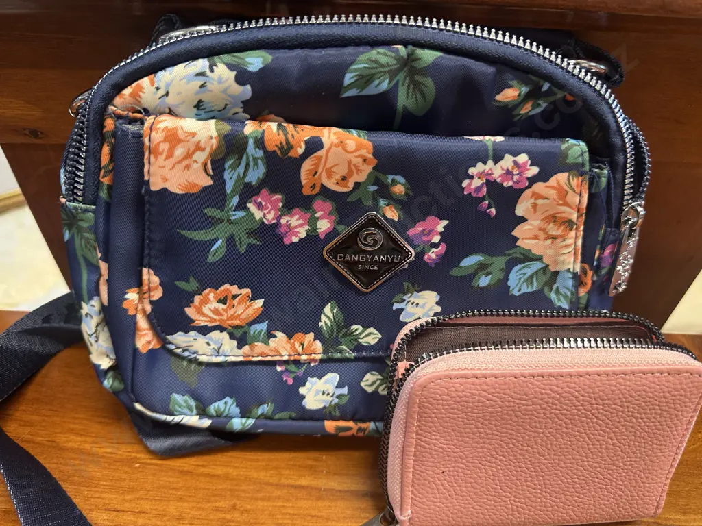 Pink Wallet & Navy Blue Floral Bag Image 1++