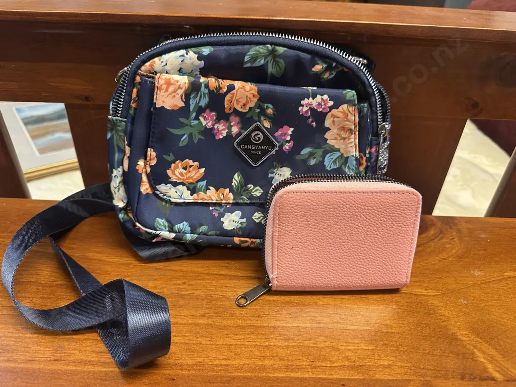 Pink Wallet & Navy Blue Floral Bag Image 1++