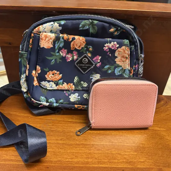 Pink Wallet & Navy Blue Floral Bag