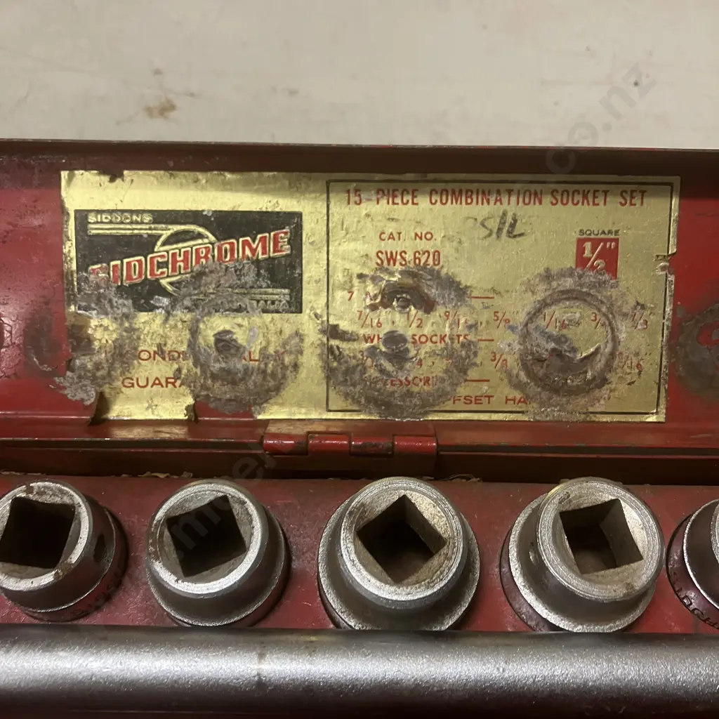 Vintage Sidchrome 15-Piece Combination Socket Set #SWS 620, 1/2" Drive, Original Steel Case Image 1++