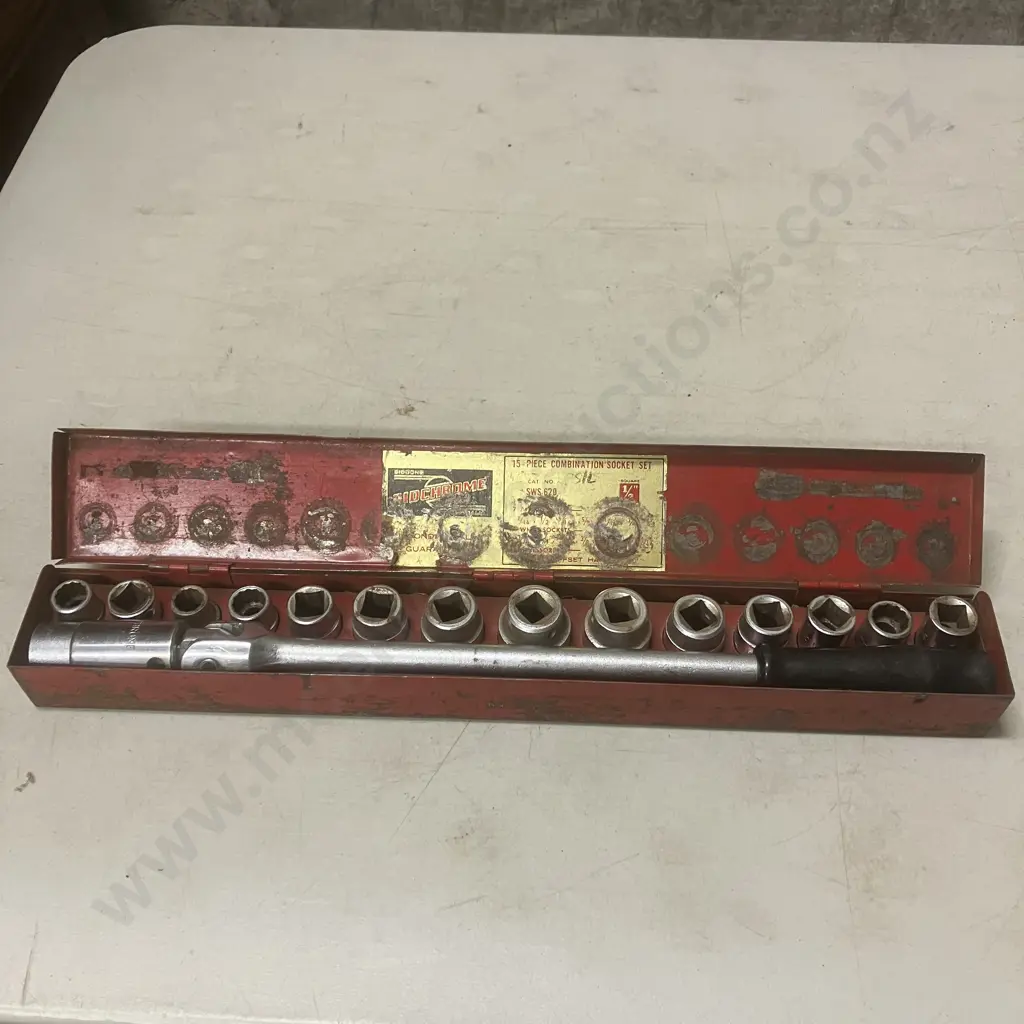 Vintage Sidchrome 15-Piece Combination Socket Set #SWS 620, 1/2" Drive, Original Steel Case Image 1++