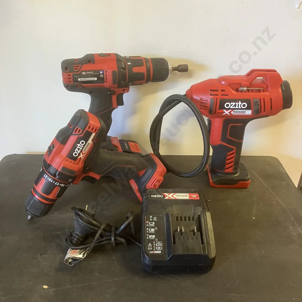 Ozito XpowerXchange 18V Drill Drivers x 2, High Pressure Inflator, 2.5Ah Battery & Charger Image 1++