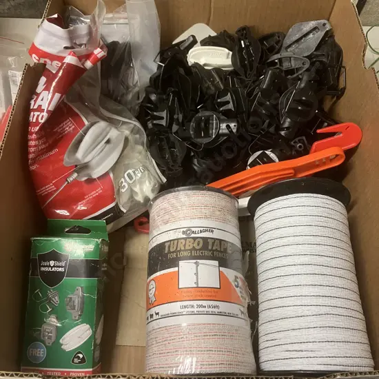 Box lot Assorted Electric Fence Insulators, Turbo Tape Etc