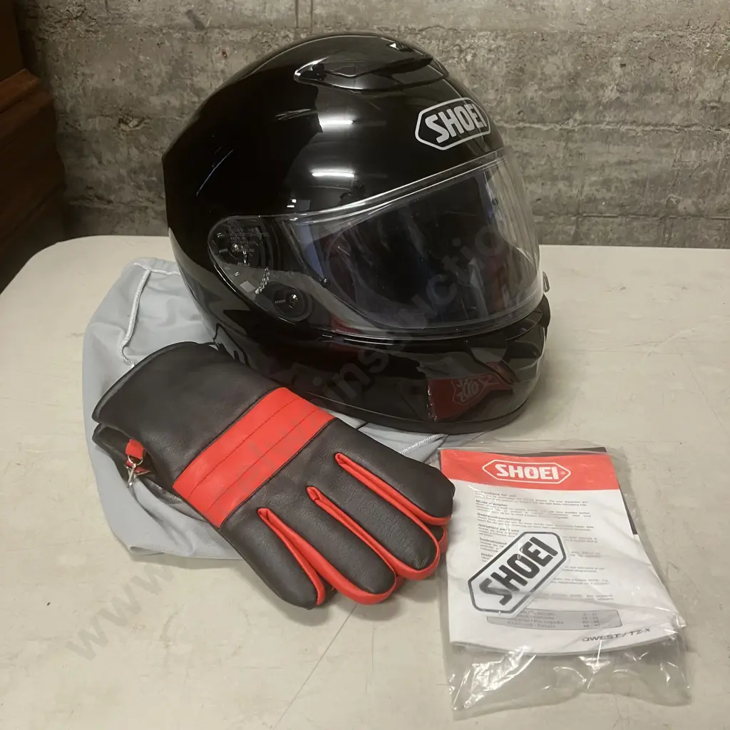 SHOEI QWEST Full-Face Touring Motorcycle Helmet With Soft Bag, Instructions. Pair of Size M Gloves Image 1++