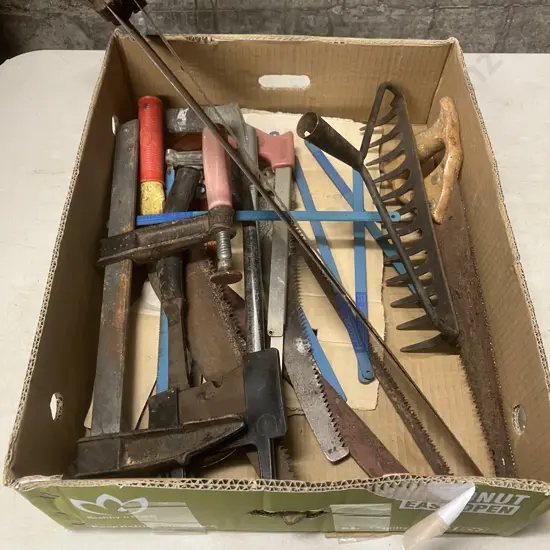Box Lot Saws, Clamp, Hatchet Etc