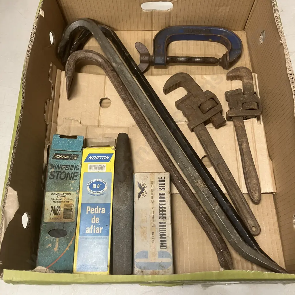 Box Lot Crowbars x 3, Sharpening Stones, Clamp Etc Image 1++
