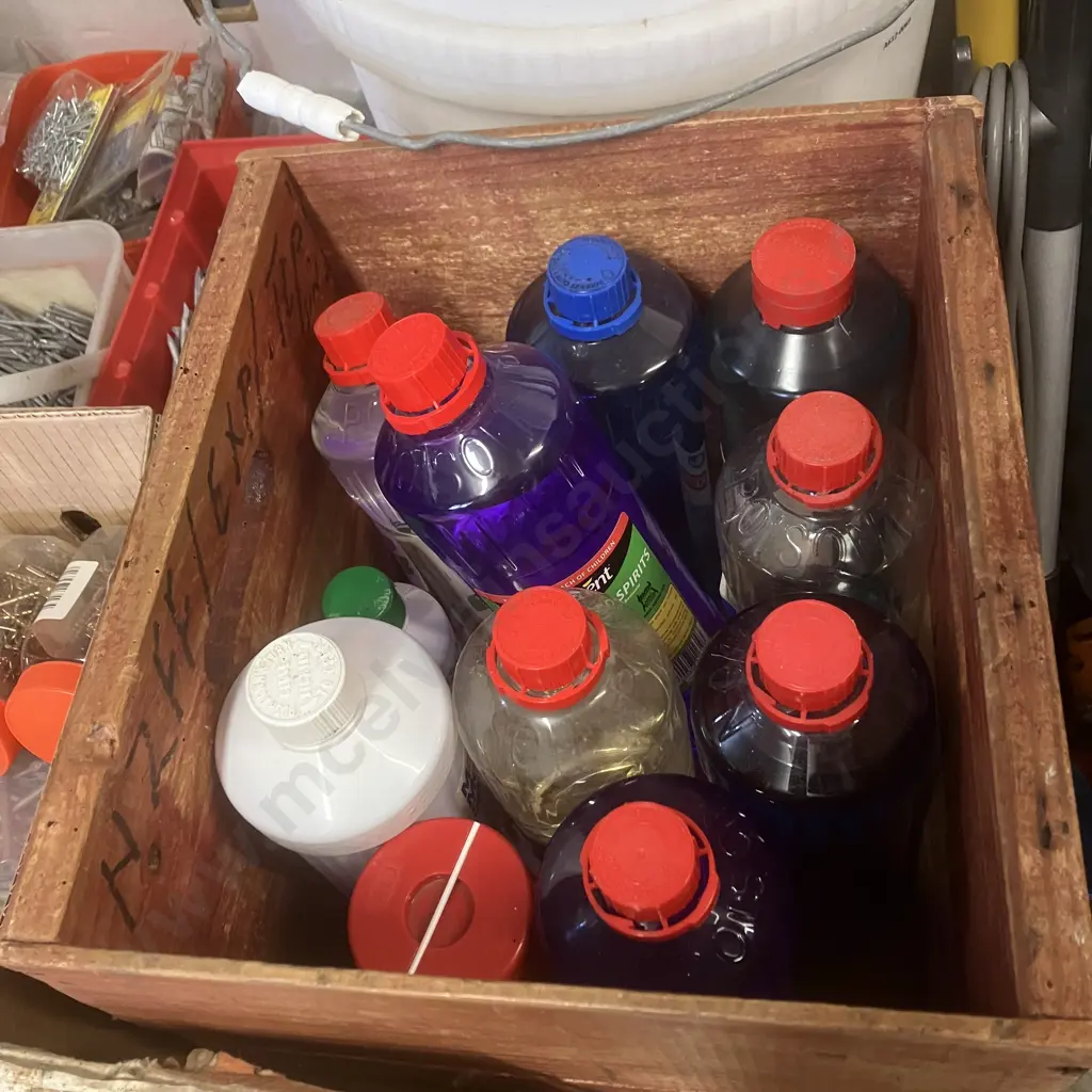 Turps, Kerosene, Methylated Spirits, CRC & Bars Bugs In Wooden Box Image 1++