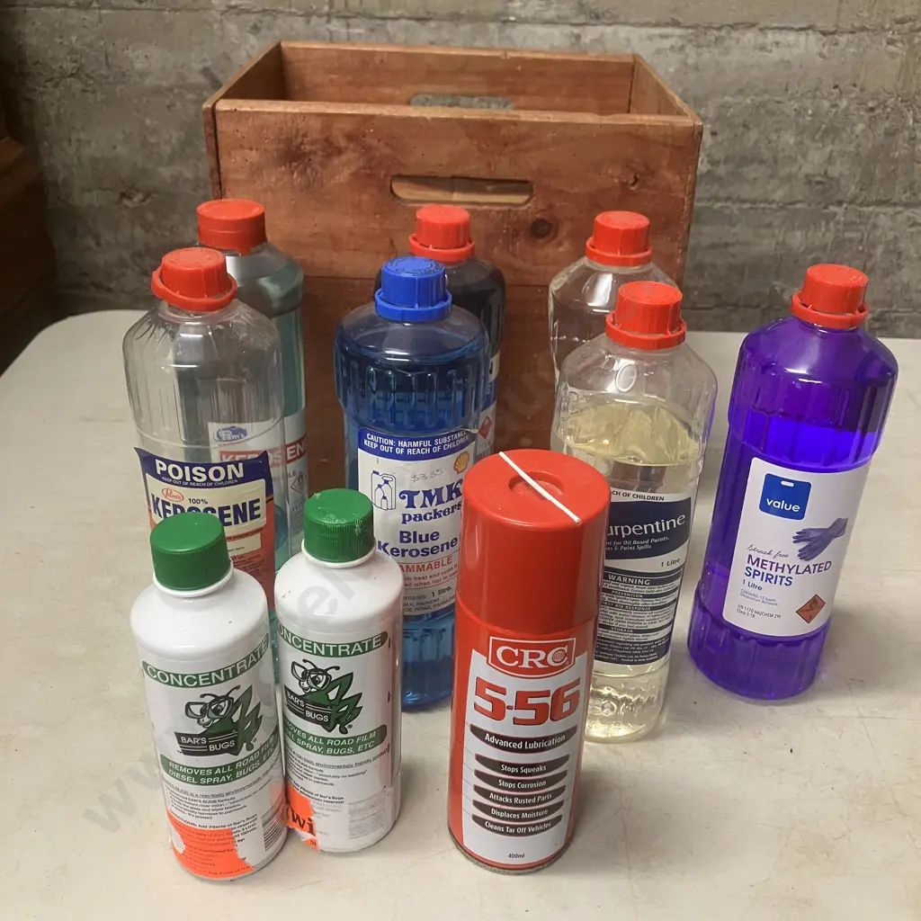 Turps, Kerosene, Methylated Spirits, CRC & Bars Bugs In Wooden Box Image 1++