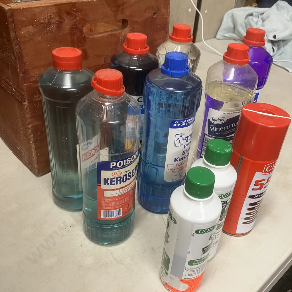 Turps, Kerosene, Methylated Spirits, CRC & Bars Bugs In Wooden Box Image 1++