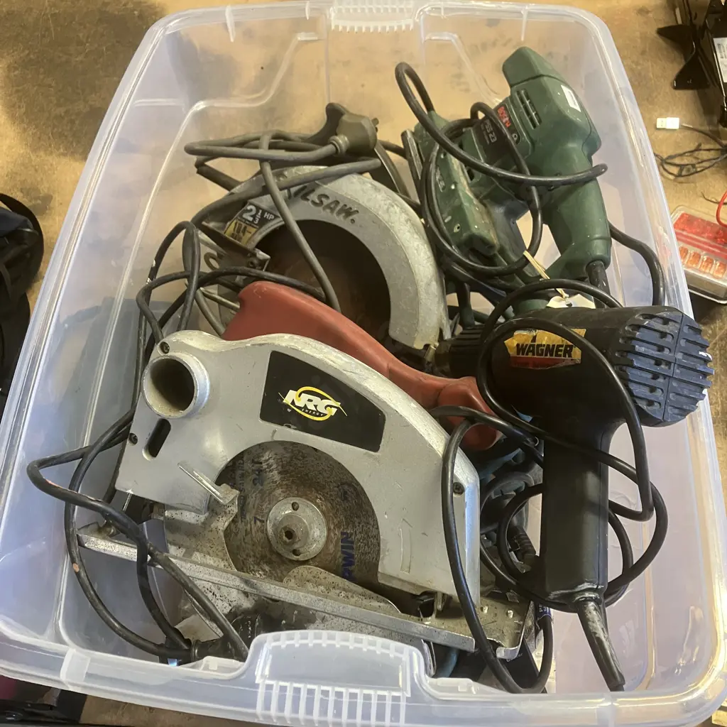 Clear Bin Power Tools Etc - Bosch Sander, Circular Saws Image 1++