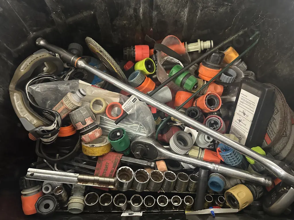 Black Lidded Bin With Assorted Tools, Hose Fittings Etc Image 1++