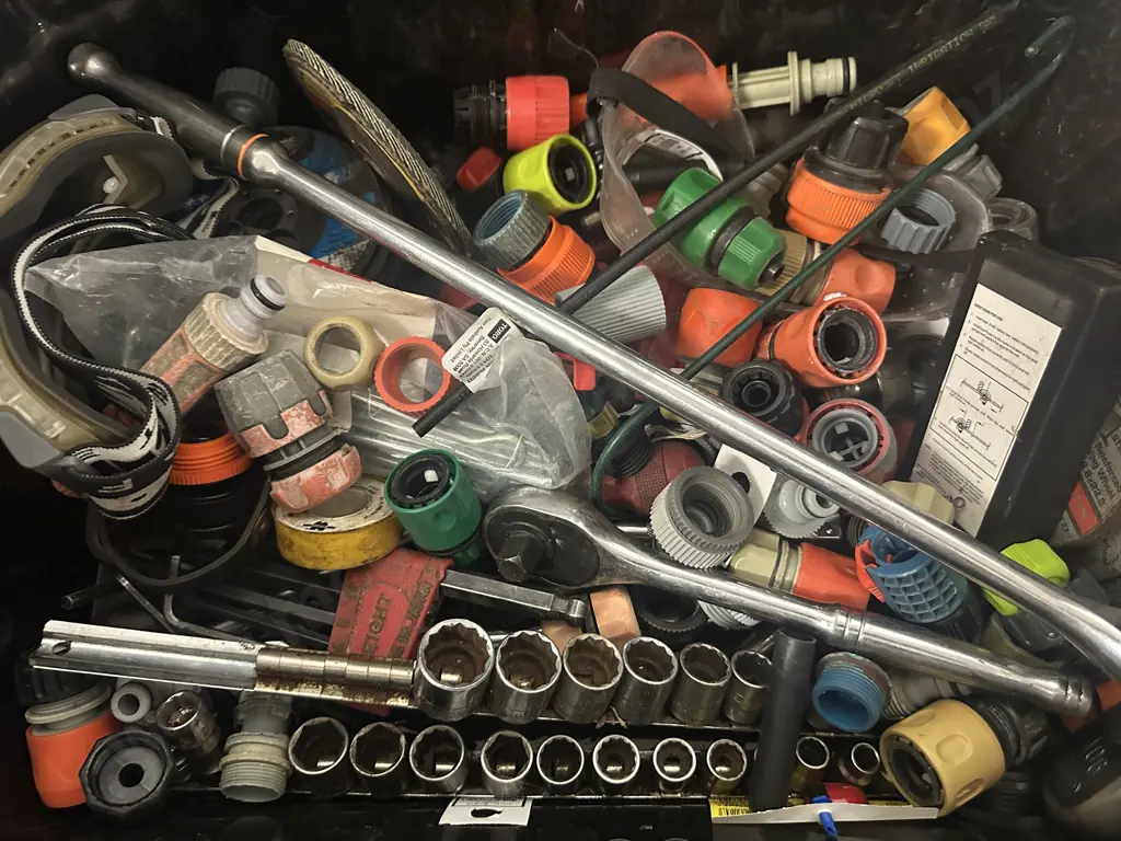 Black Lidded Bin With Assorted Tools, Hose Fittings Etc Image 1++