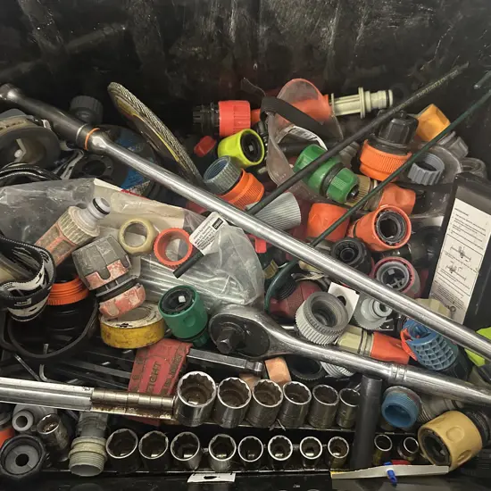 Black Lidded Bin With Assorted Tools, Hose Fittings Etc