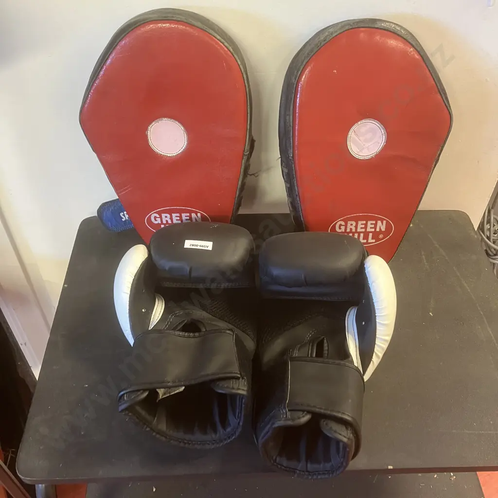 Pair of NZ Boxer Brand Boxing Gloves, 12 oz, Black & White With Pair of Green Hill Focus Pads Special Image 1++