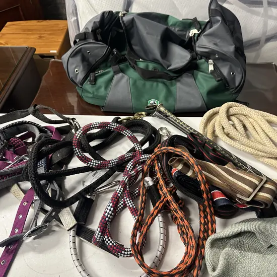 Assorted Bridals, Leads, Whips Etc With Green Carry On Bag