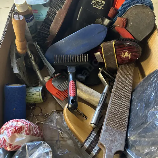 Selection Of Horse Sundries Including Brushes, Combs, Files Etc
