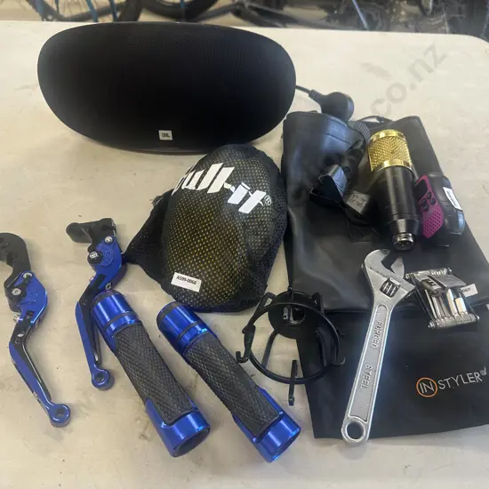 Black JBL Wireless Speaker With Power Cord, Knee Pads, Micro Phone Etc