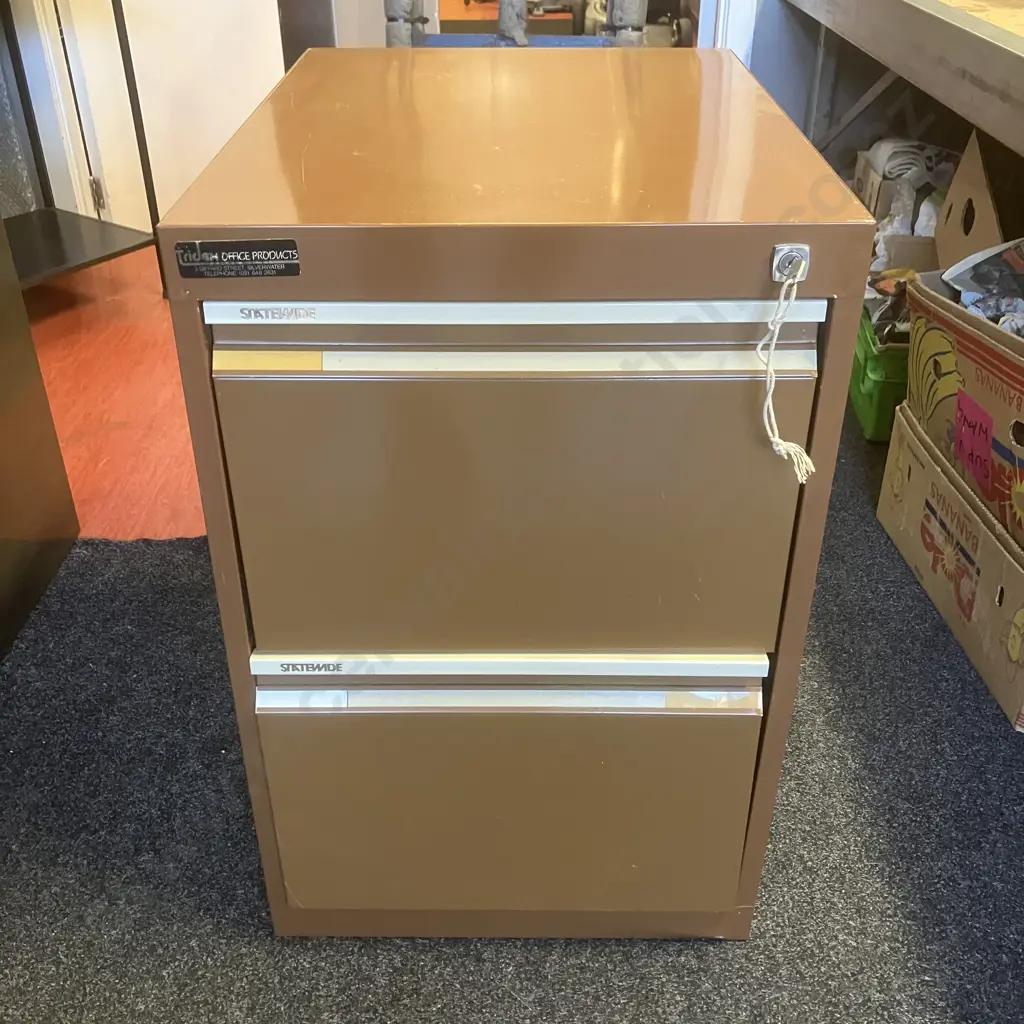 Retro StateView 2 Drawer Filing Cabinet With Key, Brown & Mustard Tones Image 1++