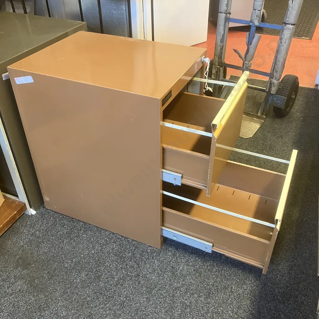 Retro StateView 2 Drawer Filing Cabinet With Key, Brown & Mustard Tones Image 1++